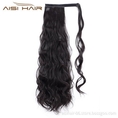 Aisi Hair Synthetic Body Wave Long Wavy Ponytail Hair Extensions Black Wrap Around Clip In Hairpieces for Black Women